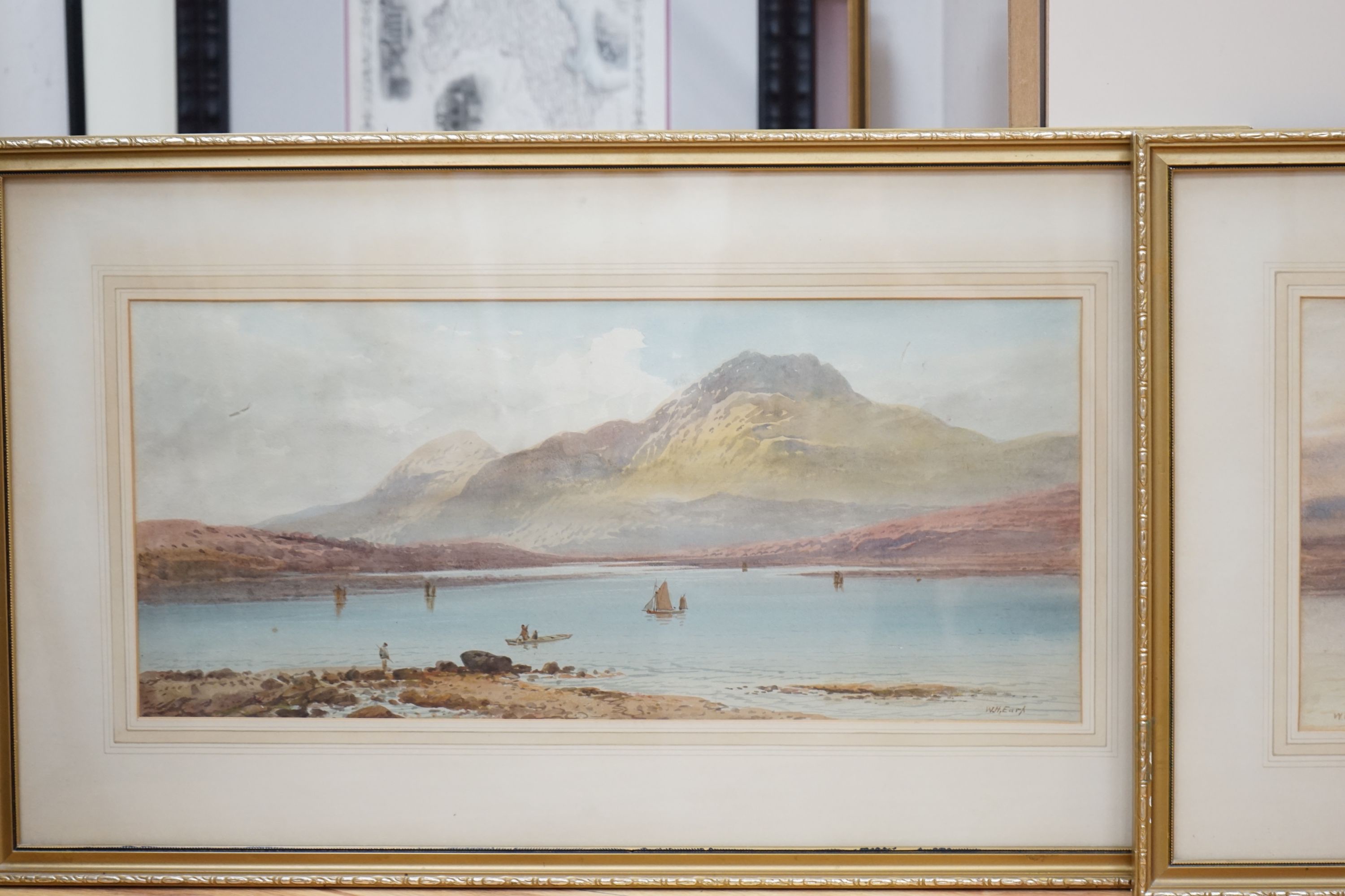 William Henry Earp (1831-1914), pair of watercolours, Loch scenes, signed, 25 x 55cm